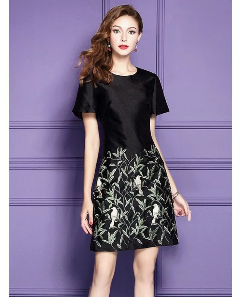 Black A Line Embroidered Short Dress For Wedding Guest