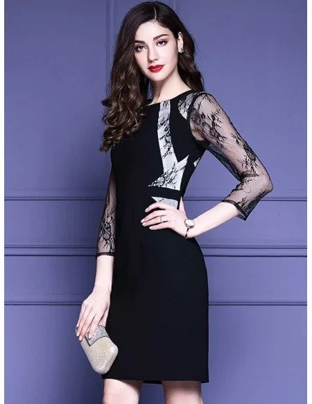 Black Lace 3/4 Sleeves Cocktail Wedding Party Dress