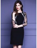 Black Lace 3/4 Sleeves Cocktail Wedding Party Dress