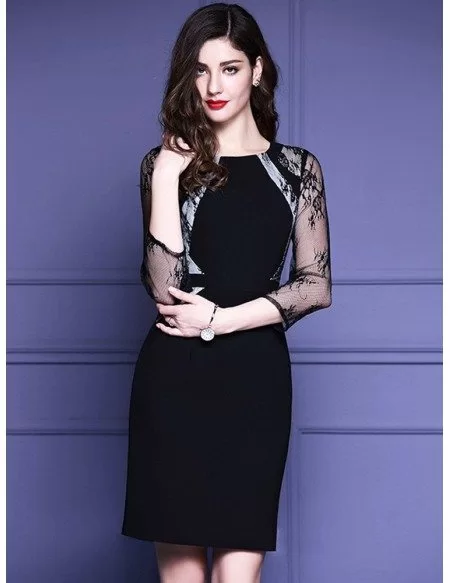 Black Lace 3/4 Sleeves Cocktail Wedding Party Dress #ZL8005 - GemGrace.com
