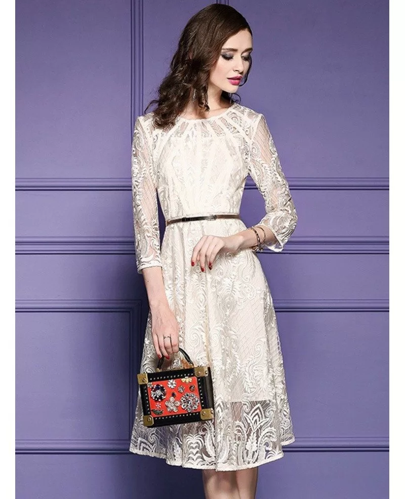 Elegant Beige Lace A Line Wedding Guest Dress With Sleeves #ZL8006 ...