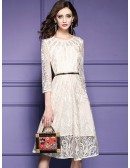 Elegant Beige Lace A Line Wedding Guest Dress With Sleeves