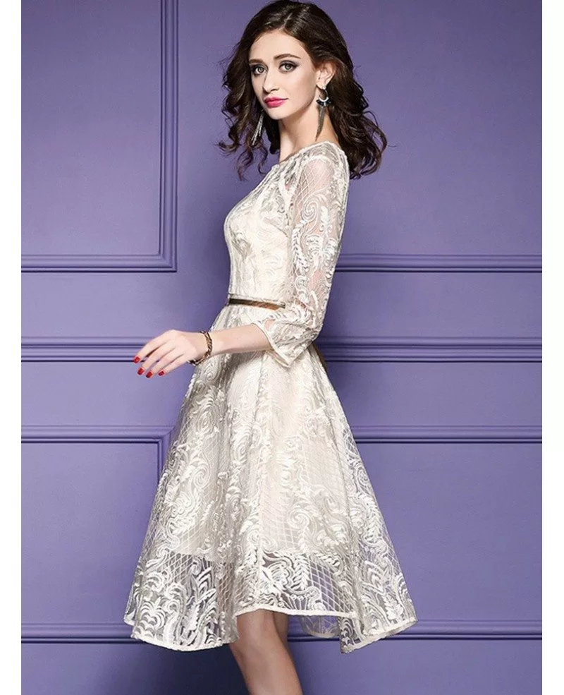 Elegant Beige Lace A Line Wedding Guest Dress With Sleeves ZL8006 GemGrace