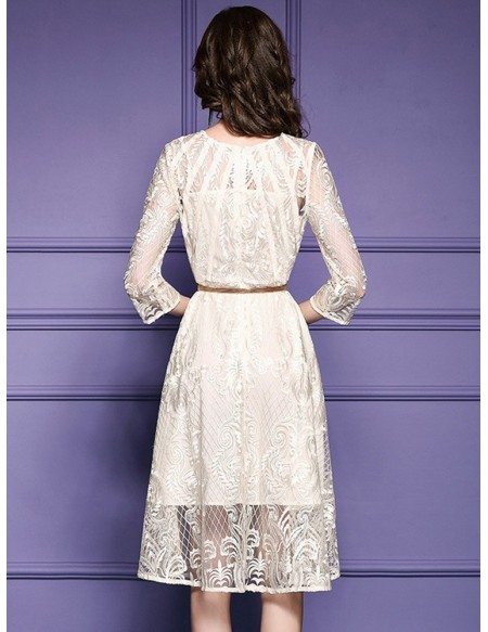 Elegant Beige Lace A Line Wedding Guest Dress With Sleeves