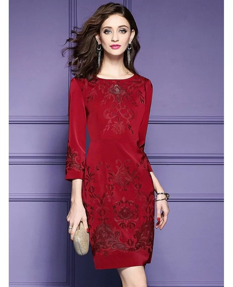 Burgundy Formal Embroidered Short Dress For Wedding Guest Over 40 ZL8008 GemGrace