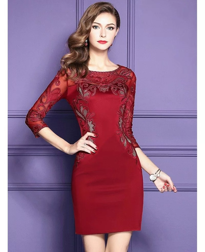 Classy Navy Blue Lace Long Sleeve Cocktail Dresses For Women Wedding Guest ZL8009 GemGrace