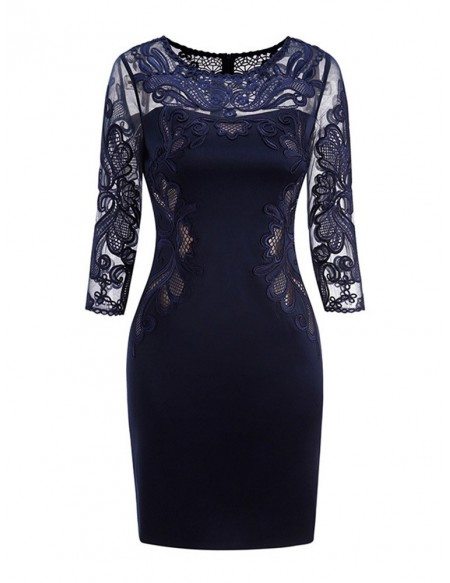 Classy Navy Blue Lace Long Sleeve Cocktail Dresses For Women Wedding ...