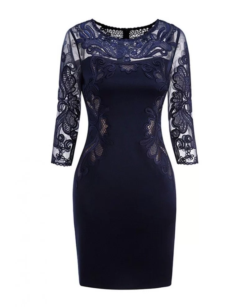 Classy Navy Blue Lace Long Sleeve Cocktail Dresses For Women Wedding Guest ZL8009 GemGrace