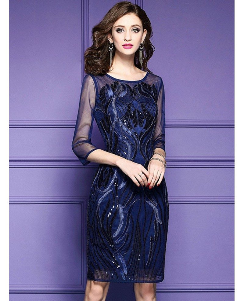 Classy Royal Blue Luxe Embroidered Cocktail Dress For Weddings Wedding Guests ZL8011 GemGrace