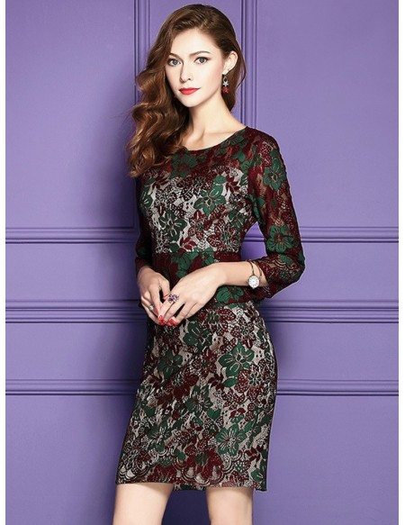 Floral Bodycon Cocktail Party Dress Lace Sleeves For Wedding Guests
