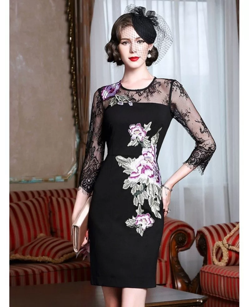 Sheath Black Cocktail Dress With Embroidery Wedding Guest Dress With Sleeves ZL8013 GemGrace