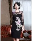 Sheath Black Cocktail Dress With Embroidery Wedding Guest Dress With Sleeves
