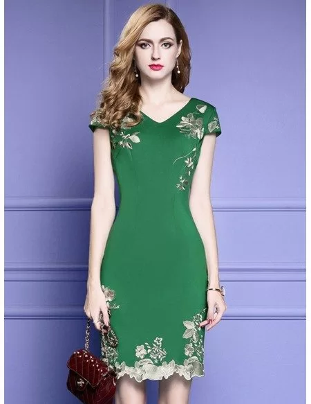 Green Bodycon Cocktail Dress For Wedding Guest With Cap Sleeves Embroidery