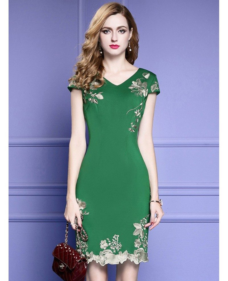 Green Bodycon Cocktail Dress For Wedding Guest With Cap Sleeves ...