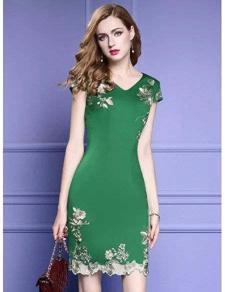 Green Bodycon Cocktail Dress For Wedding Guest With Cap Sleeves ...