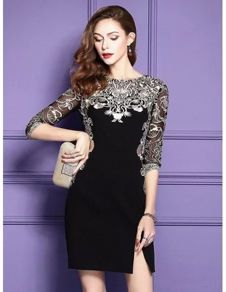 Chic Black Embroidered Wedding Guest Dress With Half Sleeves Side Slit