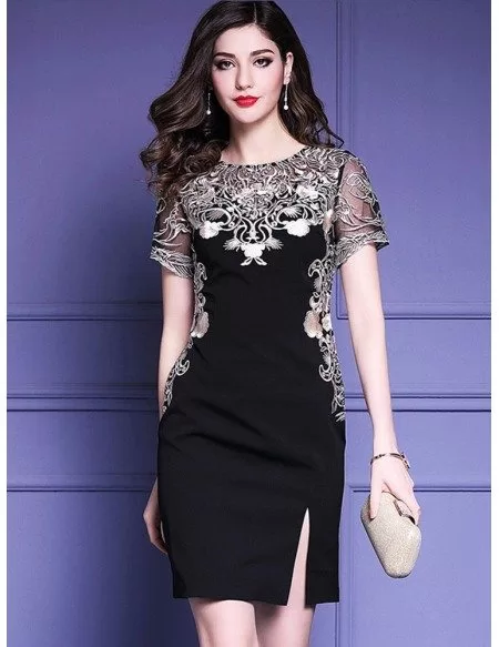 Little Black Embroidered Short Sleeve Dress For Formal Weddings #ZL8016 ...