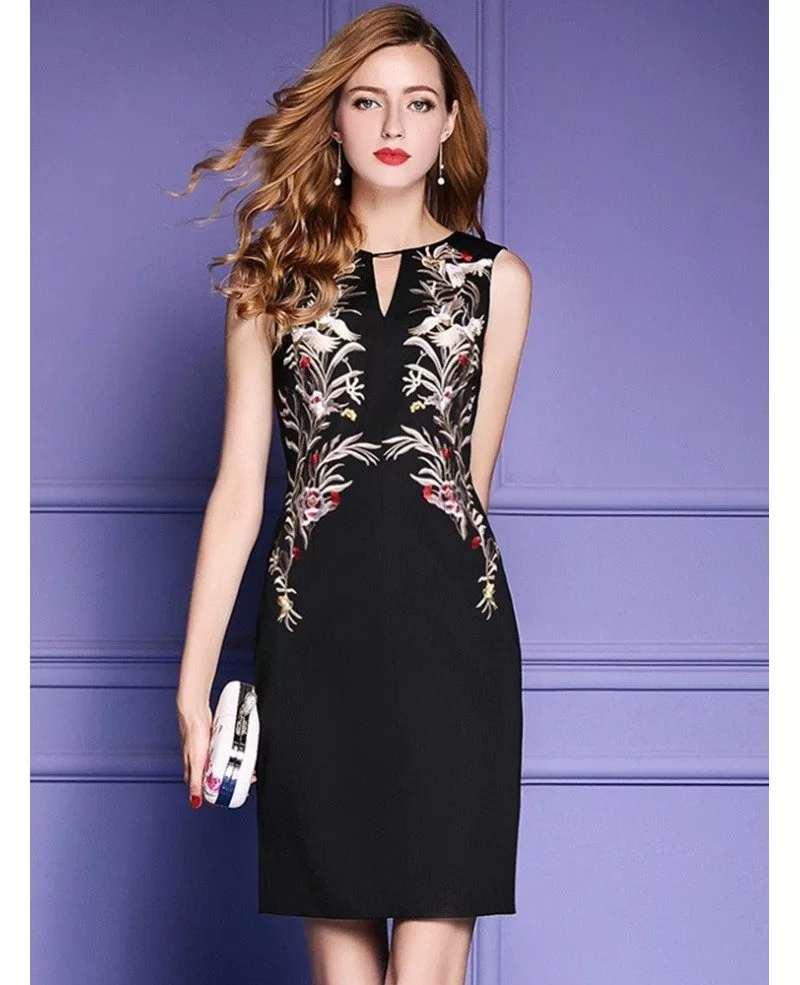 Black Sleeveless Bodycon Cocktail Wedding Party Dress With Embroidery #