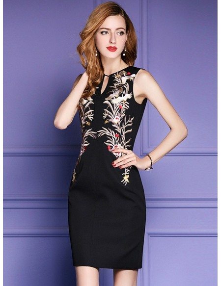Black Sleeveless Bodycon Cocktail Wedding Party Dress With Embroidery