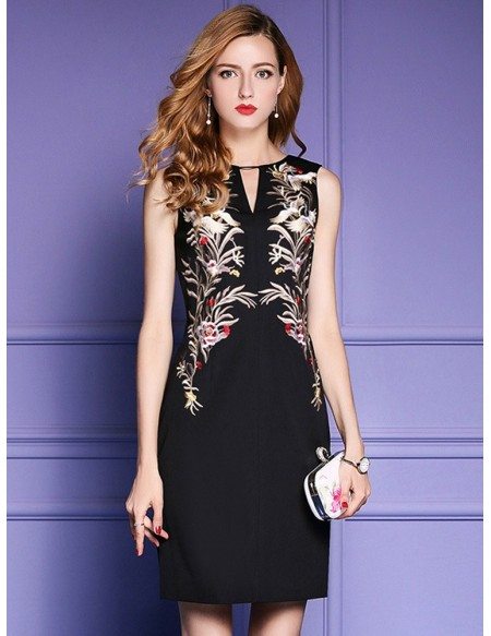 Black Sleeveless Bodycon Cocktail Wedding Party Dress With Embroidery