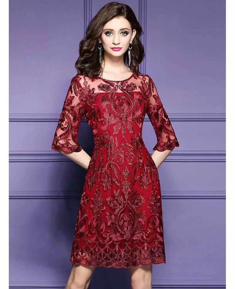 Elegant Burgundy Short Wedding Guest Dress For Over 40 50 With Half Sleeves ZL8019 GemGrace