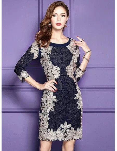 Luxury Navy Blue Embroidered Cocktail Wedding Party Dress With 3/4 Sleeves