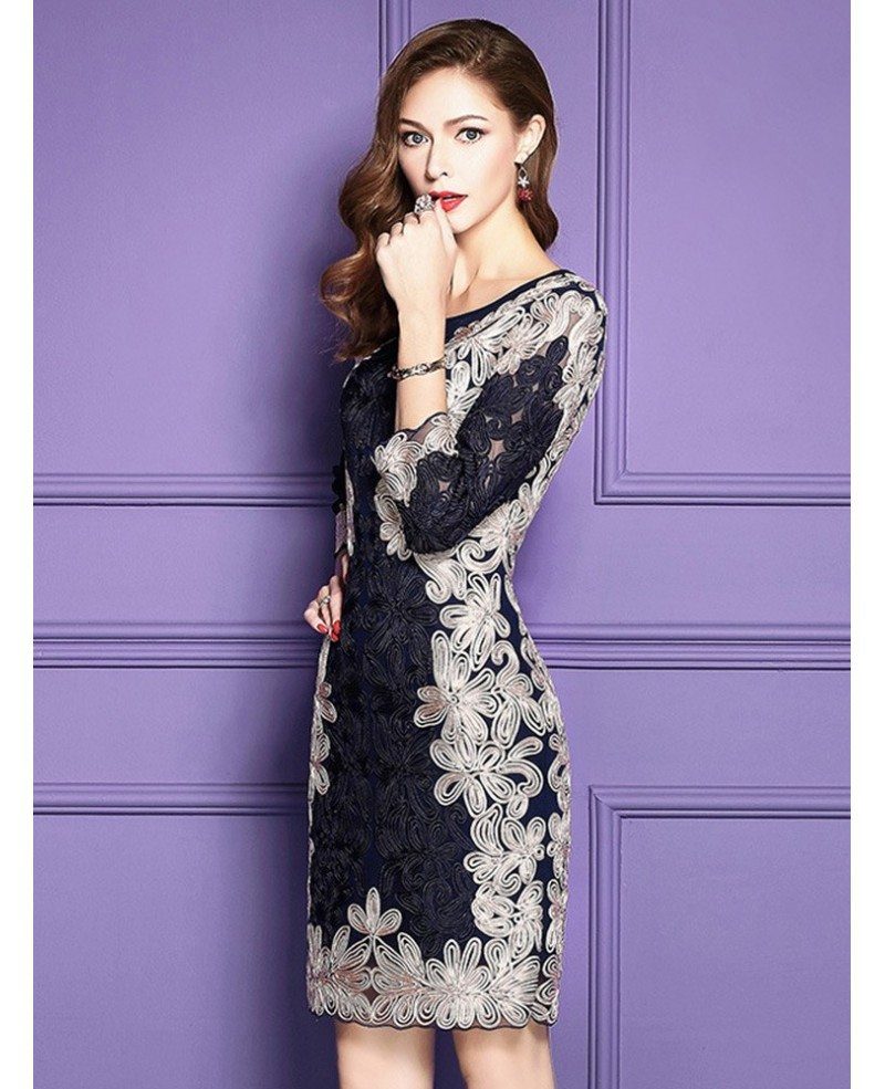 Luxury Navy Blue Embroidered Cocktail Wedding Party Dress With 3/4 ...