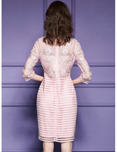 Pink Embroidered 3/4 Sleeve Party Dress For Wedding Guests Weddings