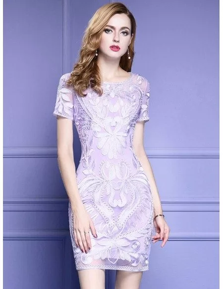 Light Purple Short Sleeve Bodycon Cocktail Dress For Wedding With ...
