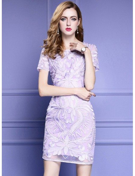 Light Purple Short Sleeve Bodycon Cocktail Dress For Wedding With Embroidery