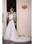 A-Line Strapless Court Train Lace Wedding Dress With Beading Flowers