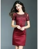 Simple Burgundy Cocktail Wedding Party Dress With Sleeves Embroidery For Weddings