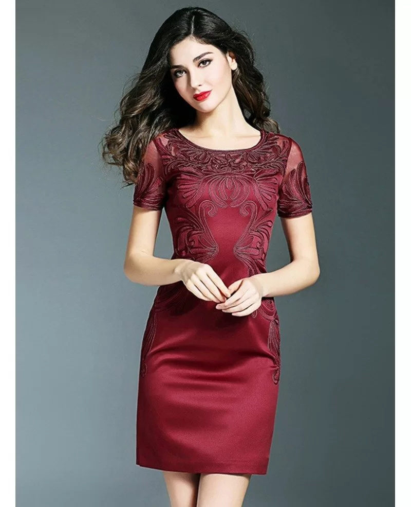 Simple Burgundy Cocktail Wedding Party Dress With Sleeves Embroidery For Weddings ZL8026