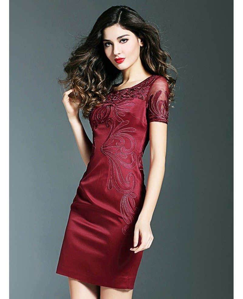 Simple Burgundy Cocktail Wedding Party Dress With Sleeves Embroidery For Weddings ZL8026