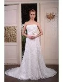 A-Line Strapless Court Train Lace Wedding Dress With Beading Flowers