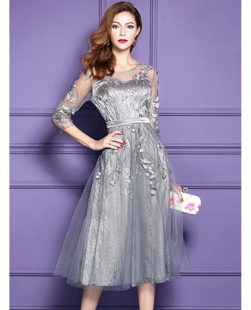 Silver Lace Midi Party Wedding Guest Dress For Fall Weddings With Sleeves ZL8028 GemGrace