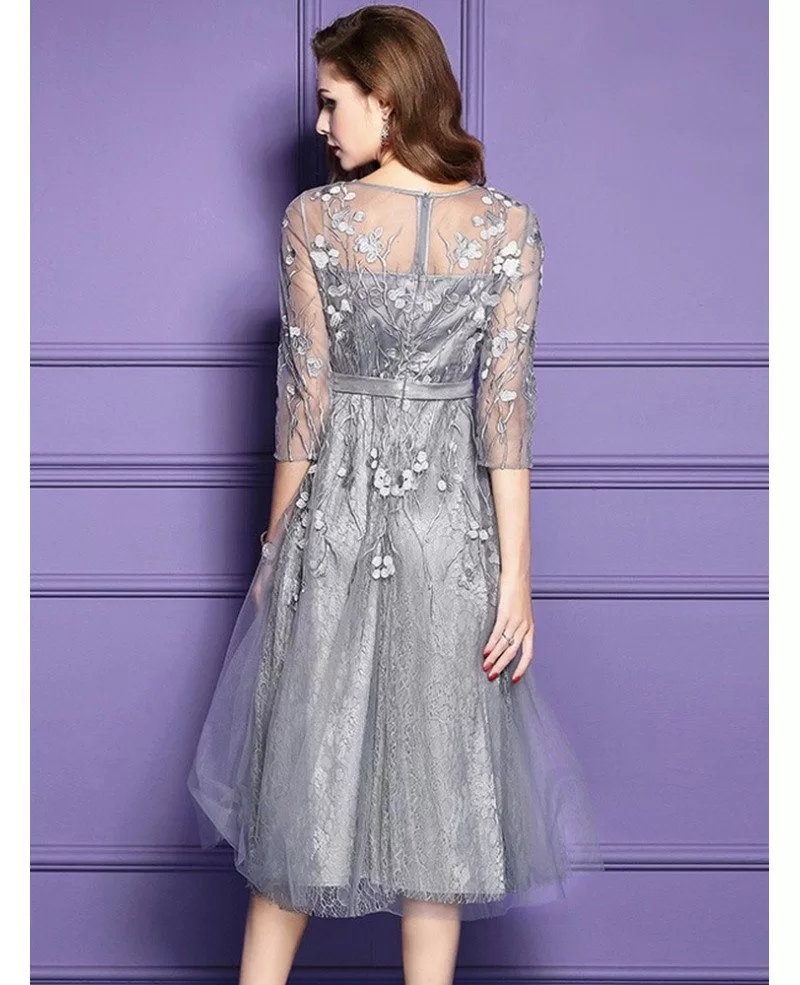 Silver Lace Midi Party Wedding Guest Dress For Fall