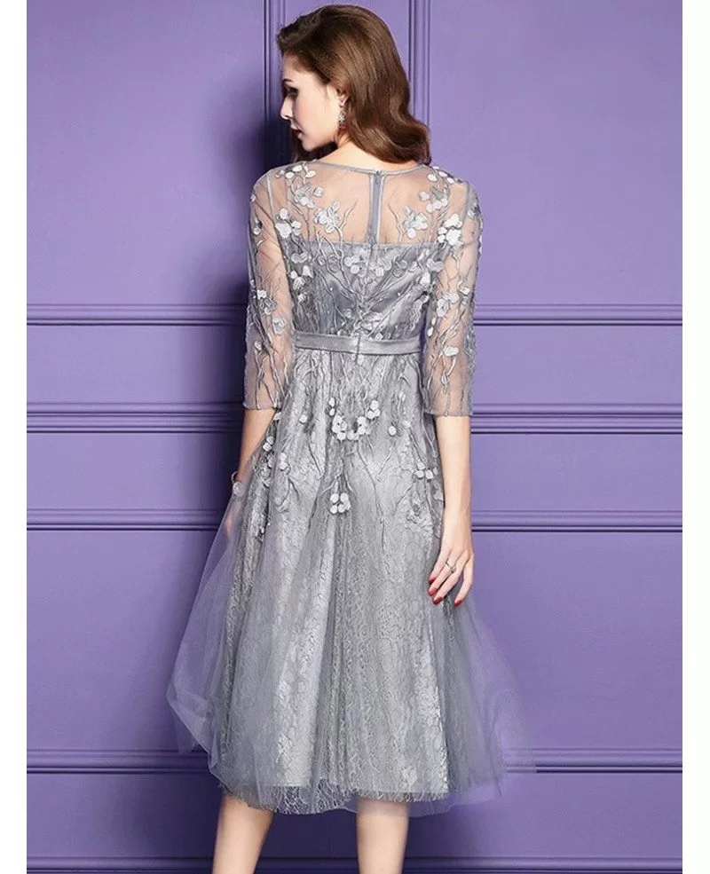 Silver Lace Midi Party Wedding Guest Dress For Fall Weddings With Sleeves ZL8028 GemGrace