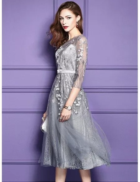 Silver Lace Midi Party Wedding Guest Dress For Fall Weddings With Sleeves