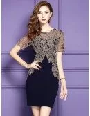Navy Blue Formal Cocktail Party Dress With Sleeves For Weddings