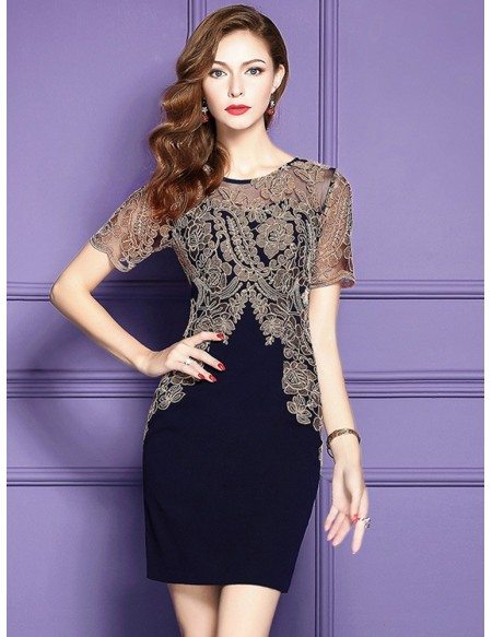 Navy Blue Formal Cocktail Party Dress With Sleeves For Weddings