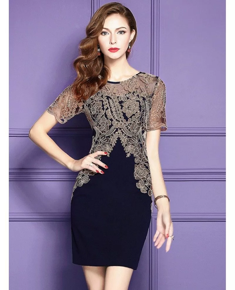 Navy Blue Formal Cocktail Party Dress With Sleeves For Weddings ZL8030 GemGrace