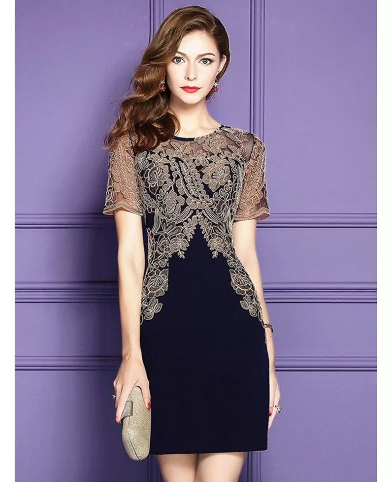 Navy Blue Formal Cocktail Party Dress With Sleeves For Weddings #ZL8030