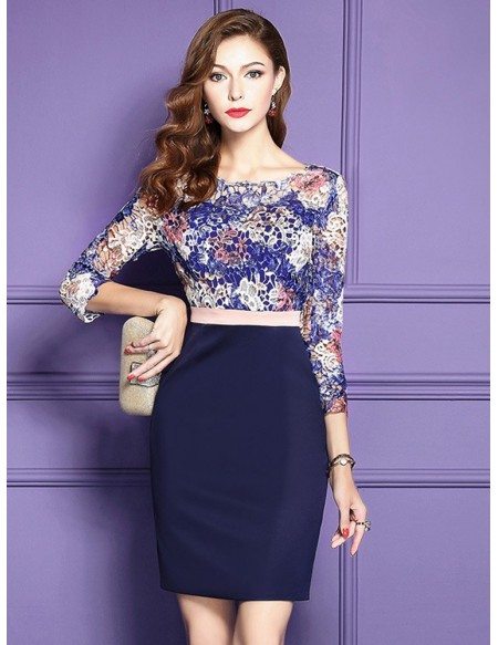 Blue Bodycon Short Party Dress Wedding Guests With 3/4 Sleeves