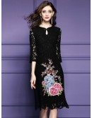 Red Lace Embroidery Wedding Guest Dress For Fall With Lace Sleeves
