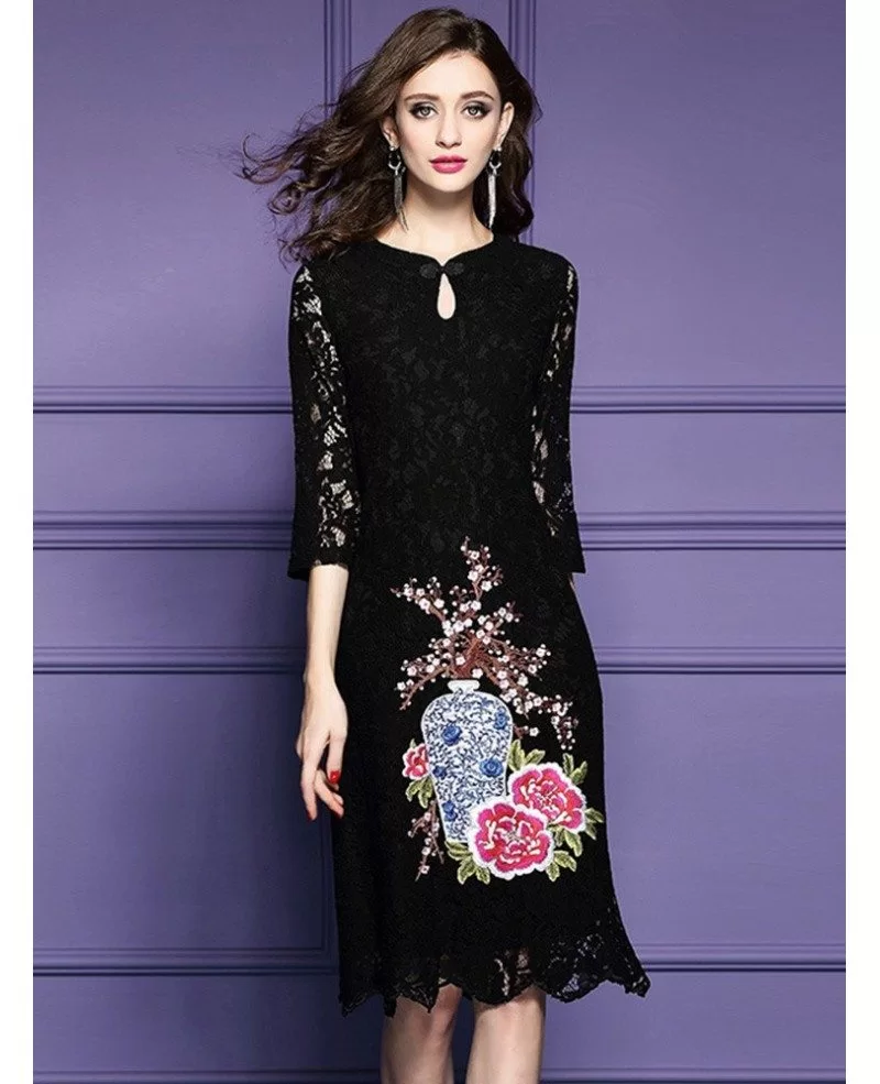 Red Lace Embroidery Wedding Guest Dress For Fall With Lace Sleeves ZL8032 GemGrace