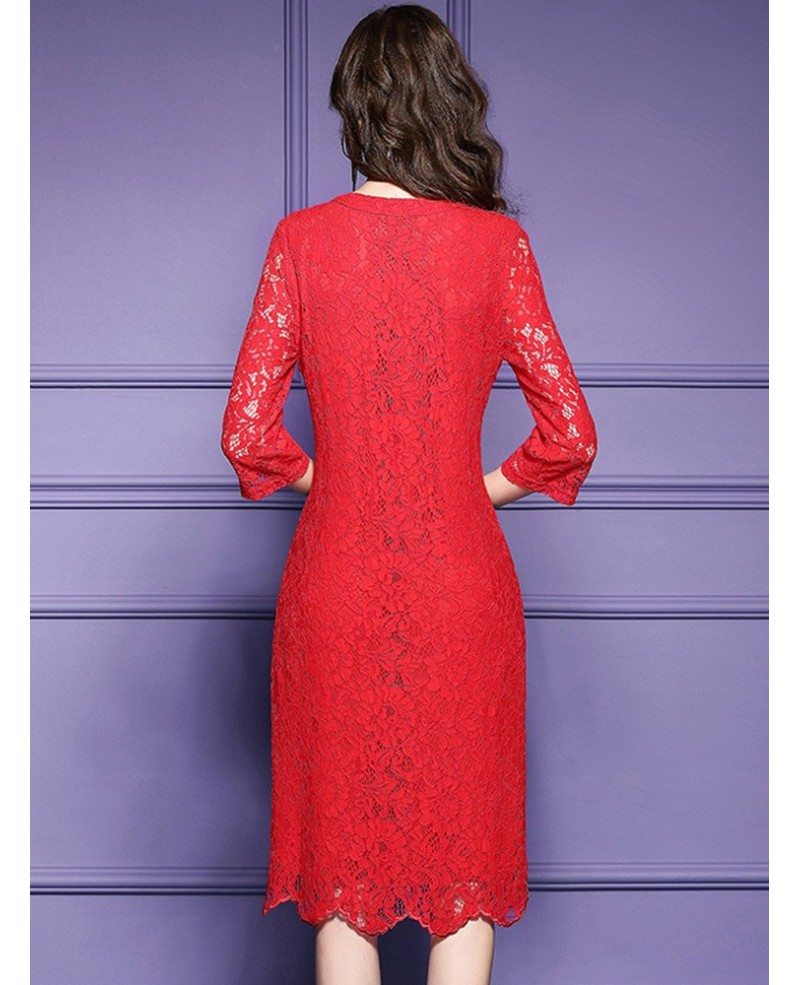 Red Lace Embroidery Wedding Guest Dress For Fall With Lace Sleeves ZL8032 GemGrace