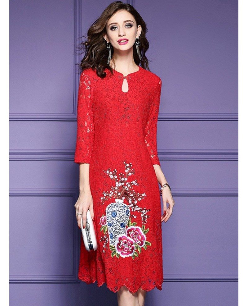 Red Lace Embroidery Wedding Guest Dress For Fall With Lace Sleeves # ...