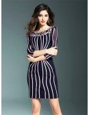Chic Striped Bodycon Short Dress With Sleeves For Wedding Guests