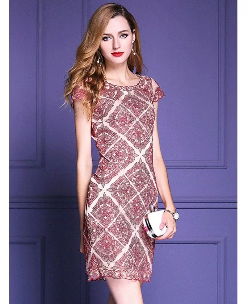 Unique Burgundy Embroidery Cocktail Dress For Weddings Cap Sleeves ZL8034 GemGrace